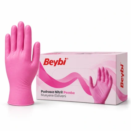 Beybi Pudrasız Pembe Nitril Muayene Eldiveni – S ve M Beden (100 Adet)